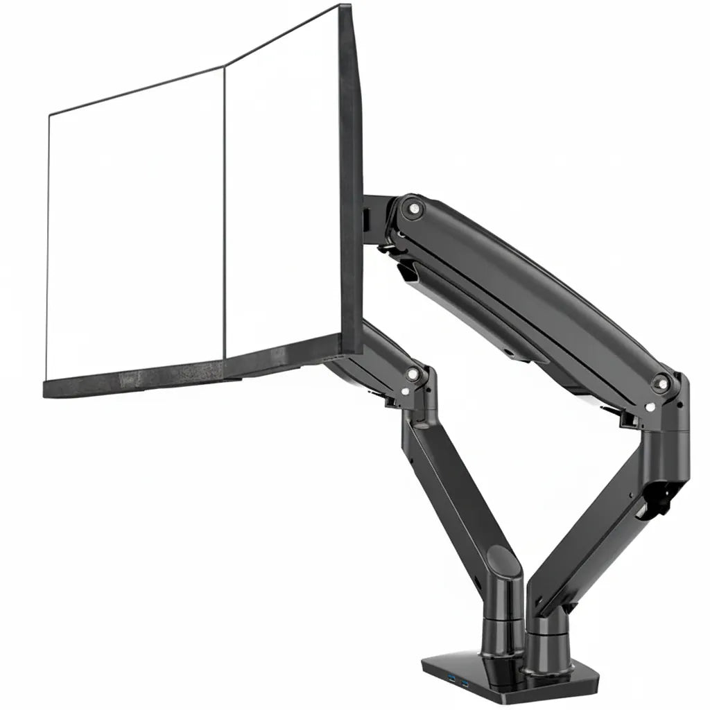 Dual monitor arm holding two flat screens for ergonomic desk setup