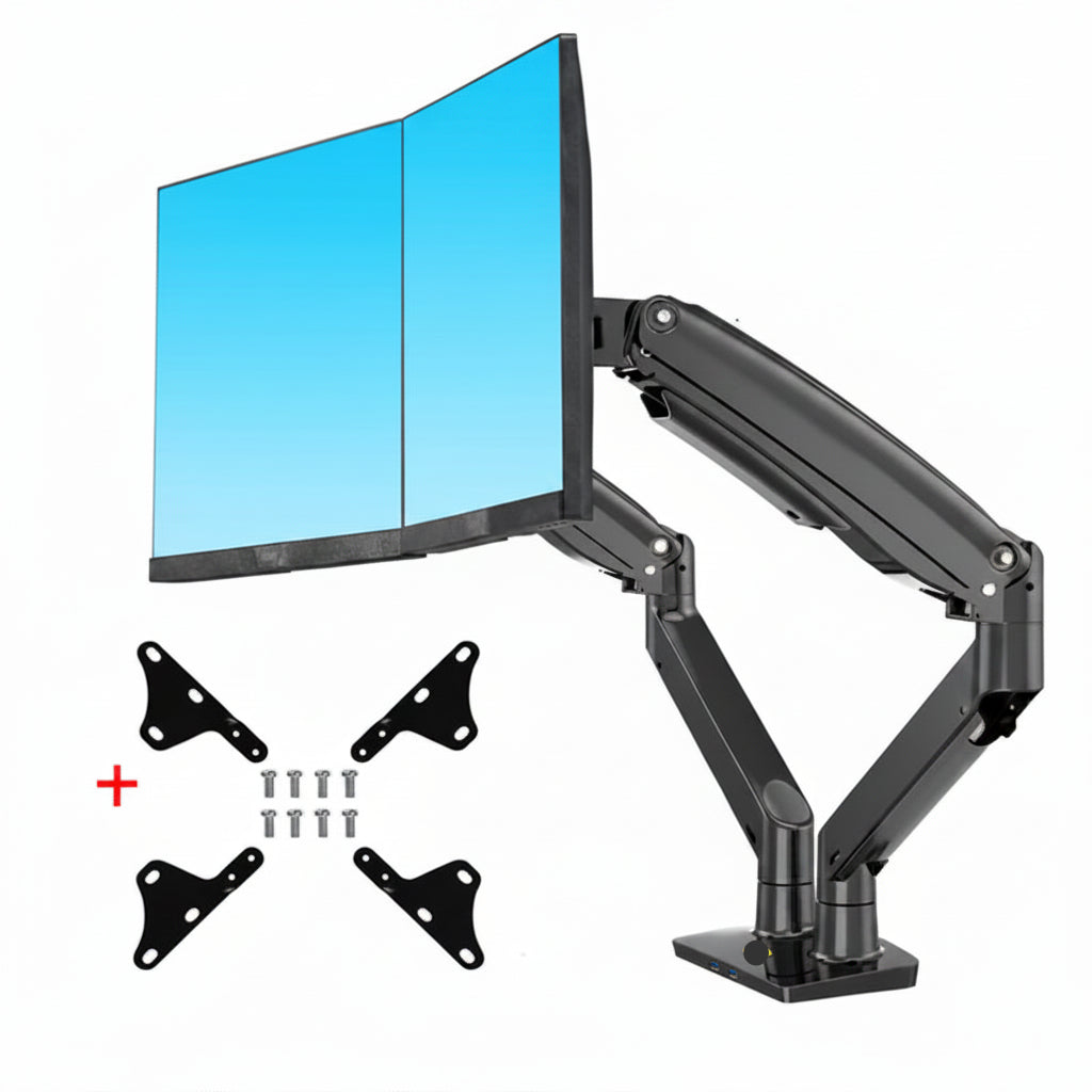 Dual monitor arm mount with adjustable arms, included brackets and screws, for ergonomic desk setup