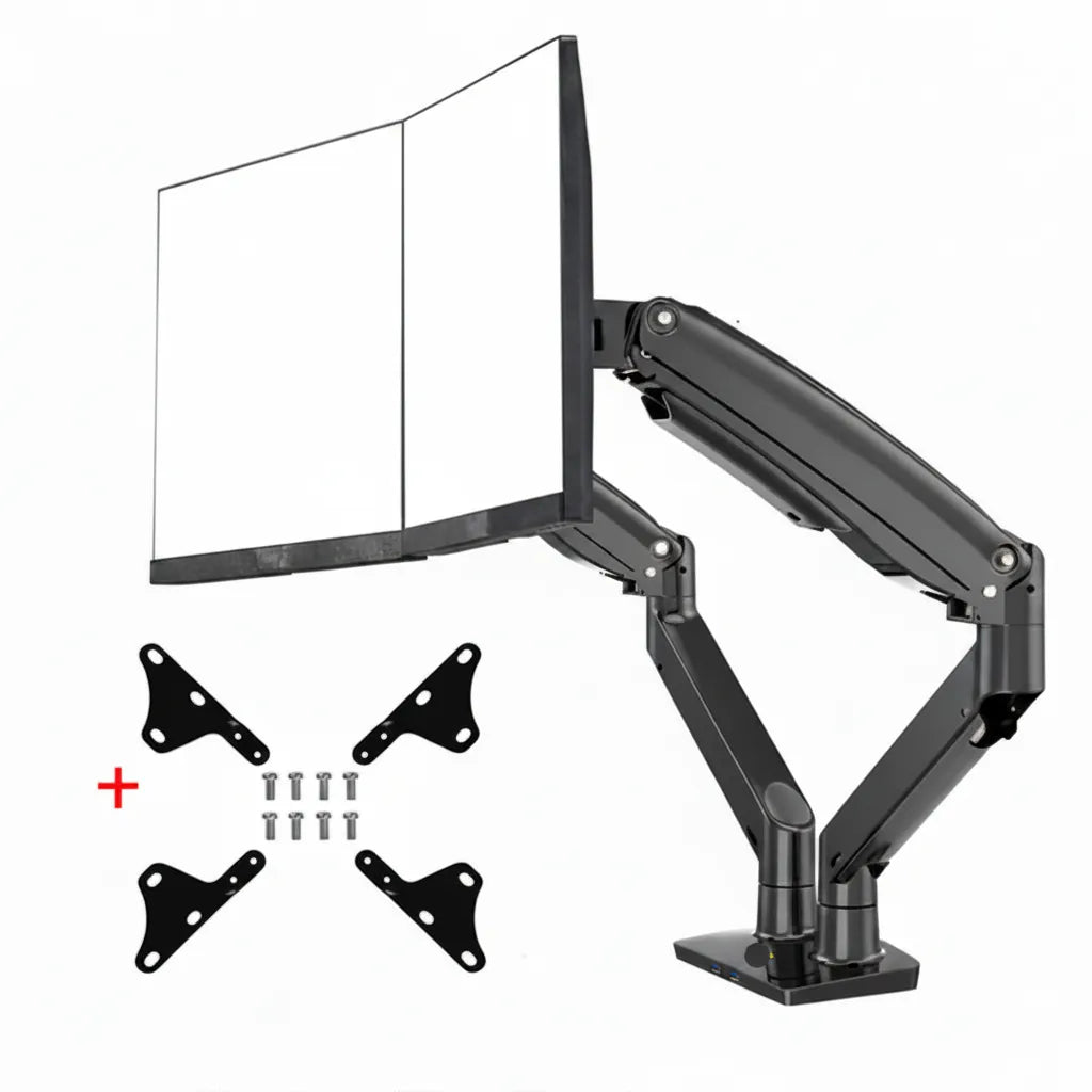 Dual monitor arm mount with adjustable arms, included brackets and screws, for ergonomic desk setup