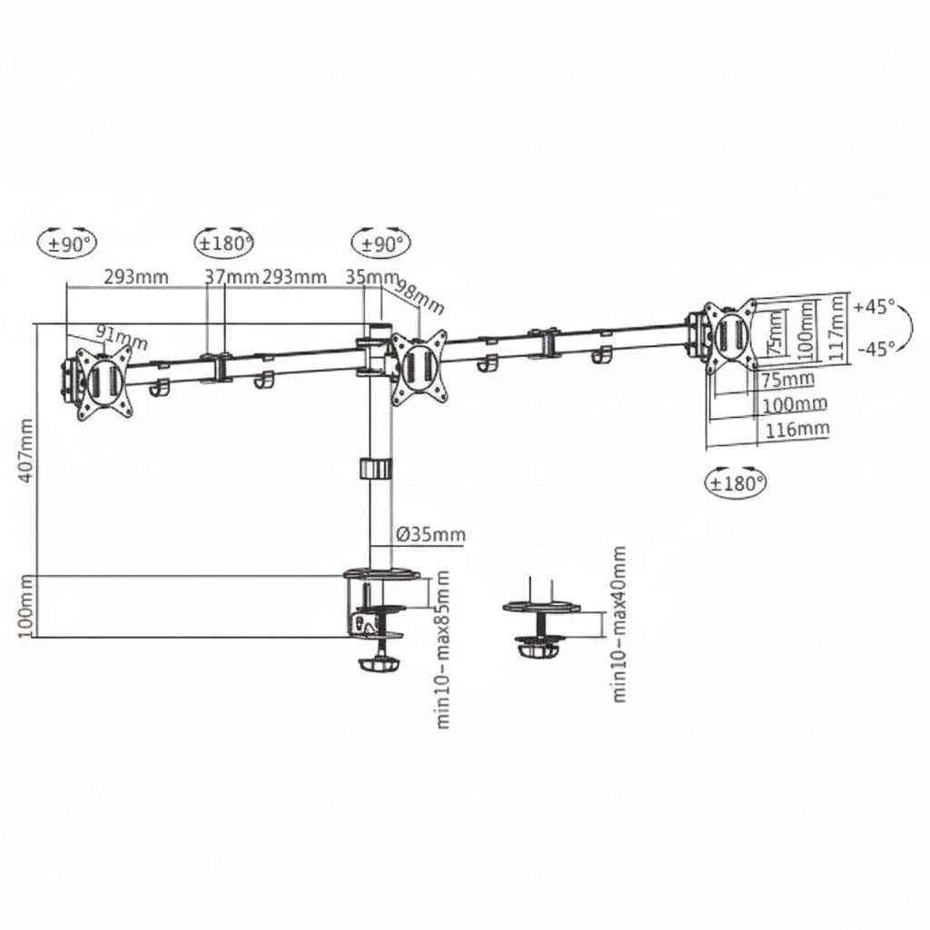 Technical drawing of a mechanical arm or similar component with dimensions and angles labeled.