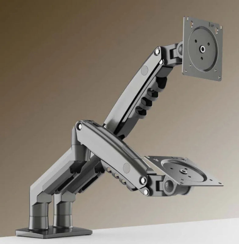 Dual adjustable monitor arms for ergonomic desk setup on a white surface