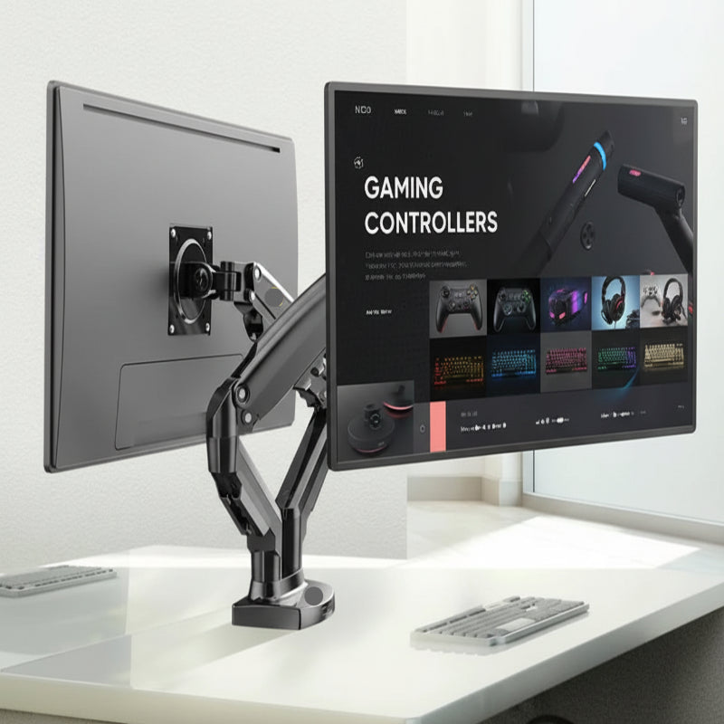 Dual monitor arms holding two screens on a modern desk, ergonomic workspace setup