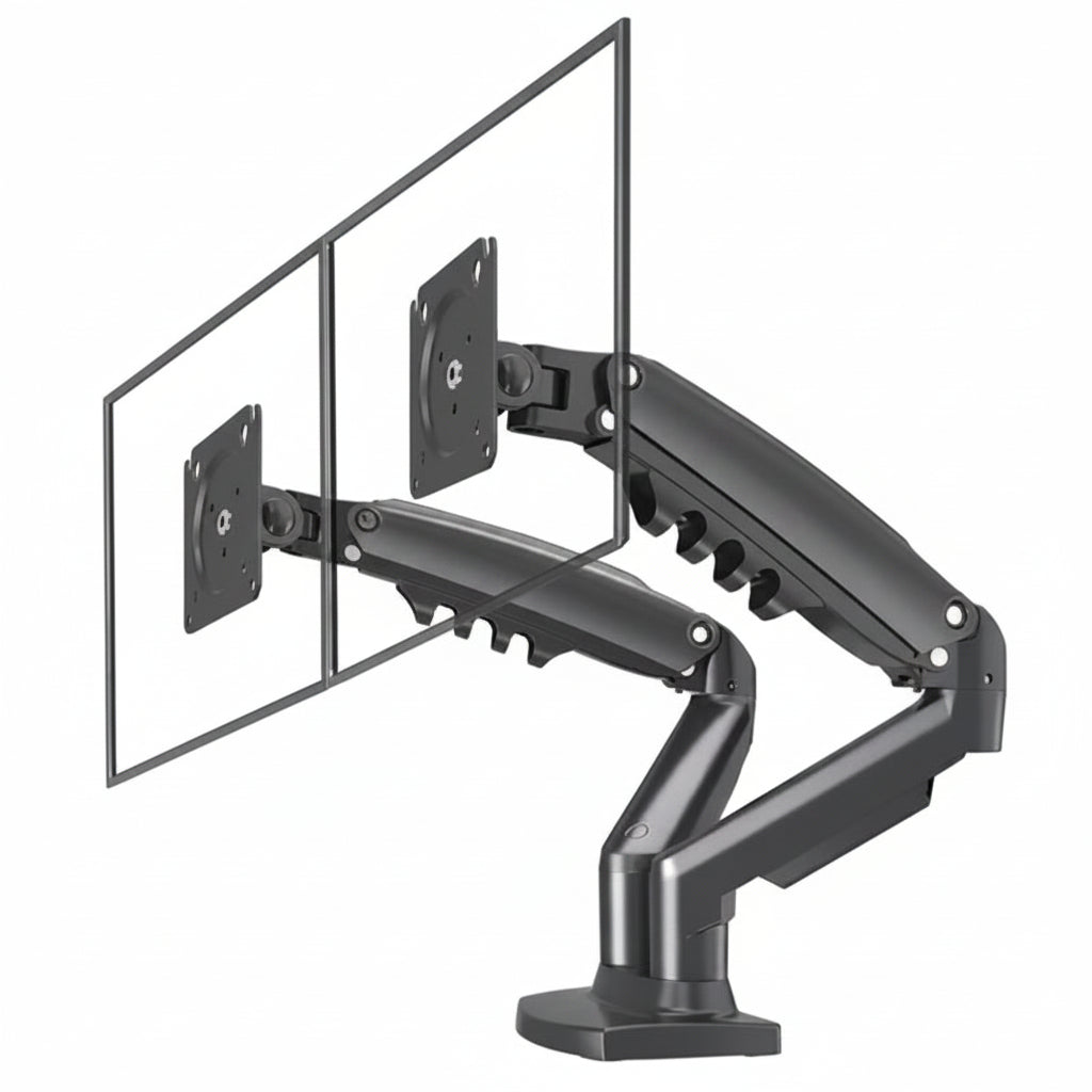 Dual adjustable monitor arm mount for ergonomic desk setup, black with yellow accent.