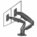 Dual adjustable monitor arm mount for ergonomic desk setup, black with yellow accent.
