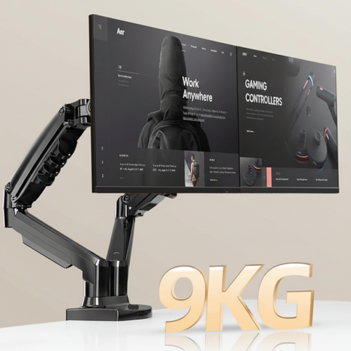 Dual monitor arm holding two screens with 9KG weight capacity, ergonomic desk setup
