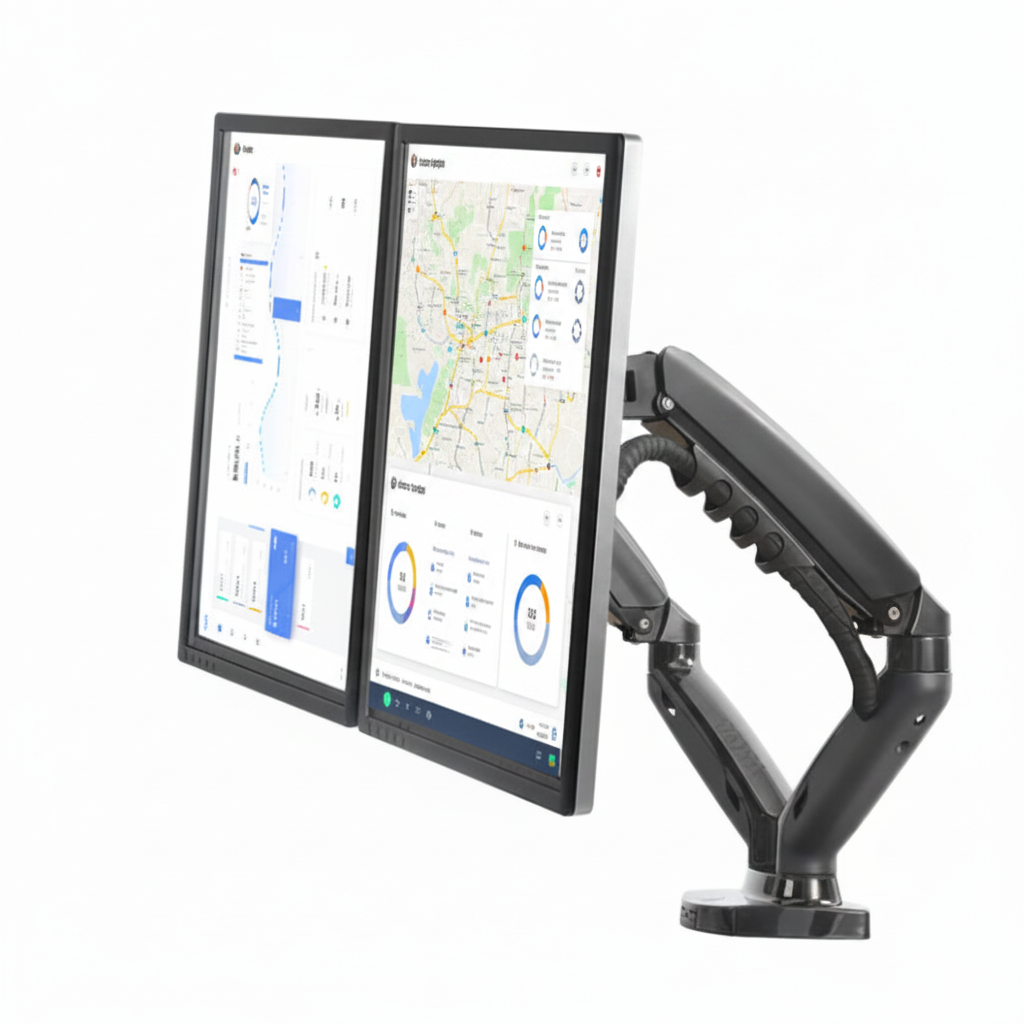 Dual monitor arm holding two vertical monitors for ergonomic desk setup