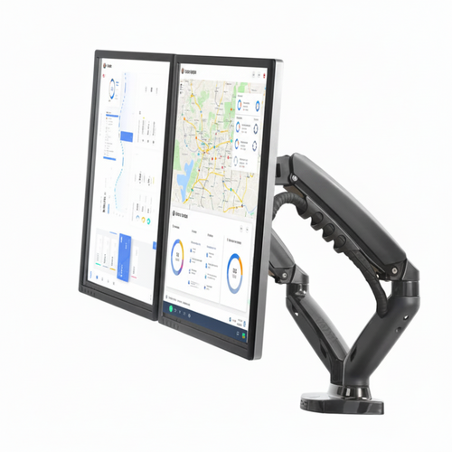 Dual monitor arm holding two vertical monitors for ergonomic desk setup