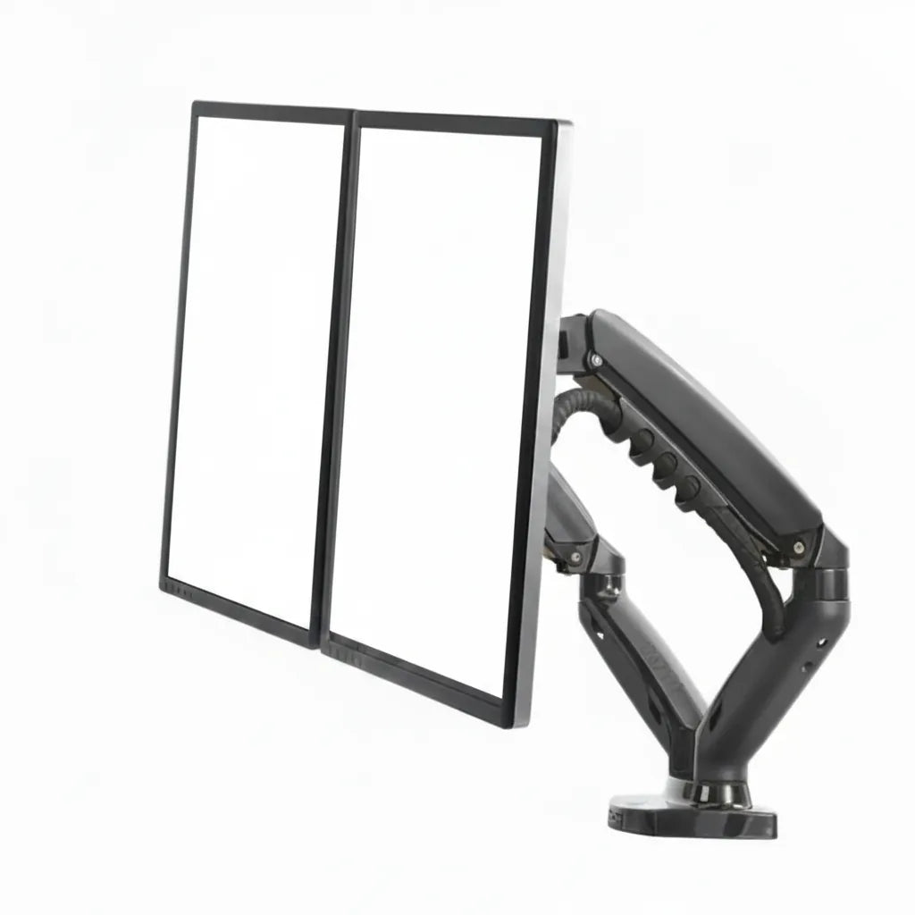 Dual monitor arm holding two vertical monitors for ergonomic desk setup