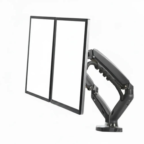 Dual monitor arm holding two vertical monitors for ergonomic desk setup