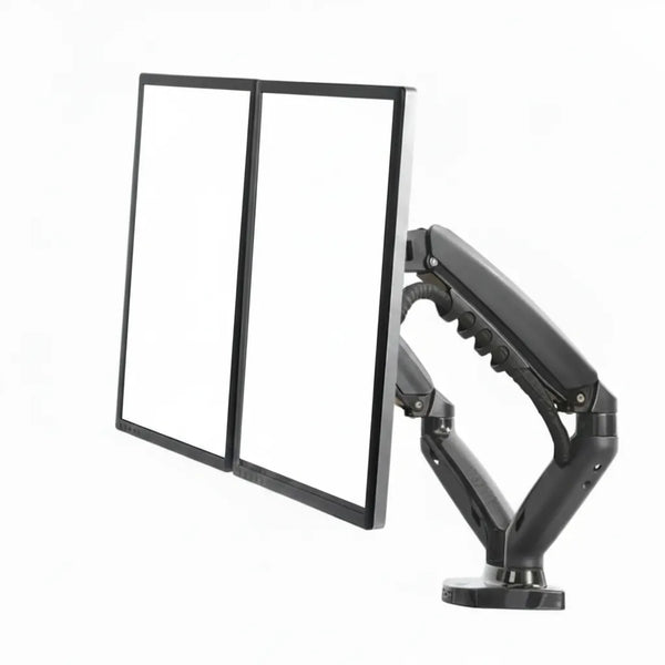 Dual monitor arm holding two vertical monitors for ergonomic desk setup