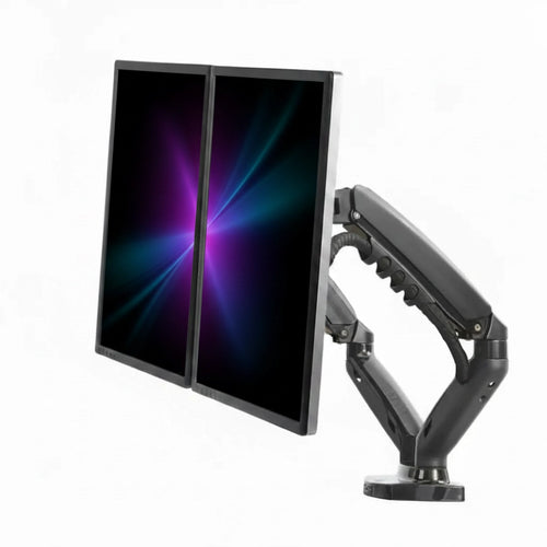 A dual monitor arm setup with two slim black screens on an adjustable articulated mount, shown against a plain white background. The screens display a purple and blue abstract wallpaper.