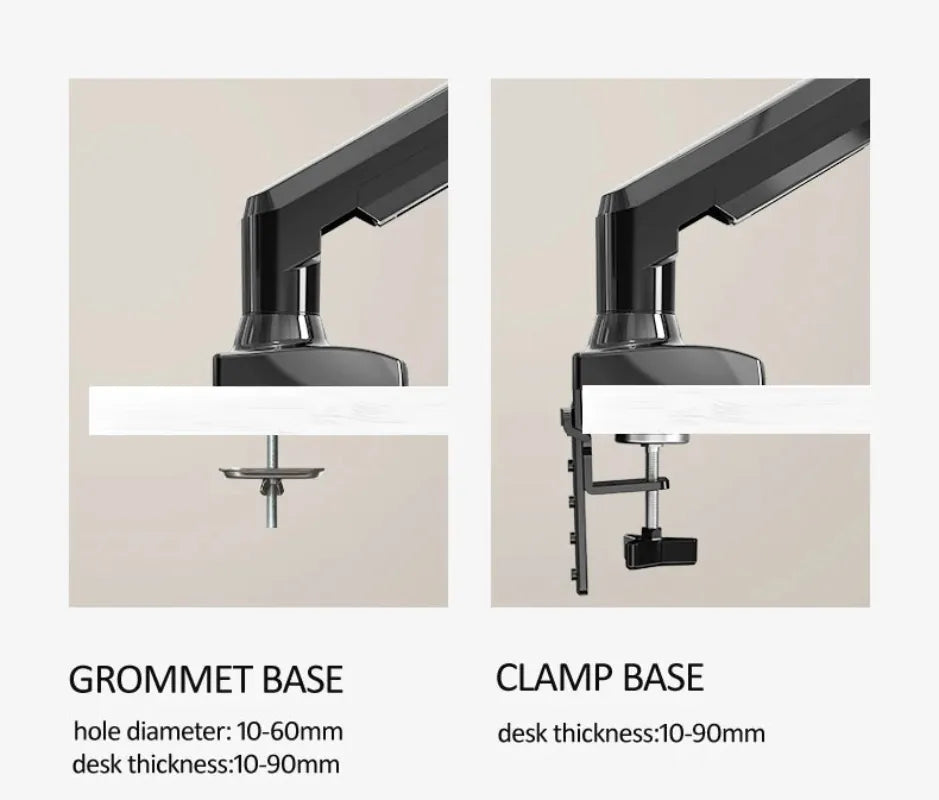 Monitor arm with grommet and clamp base mounting options for ergonomic desk setups