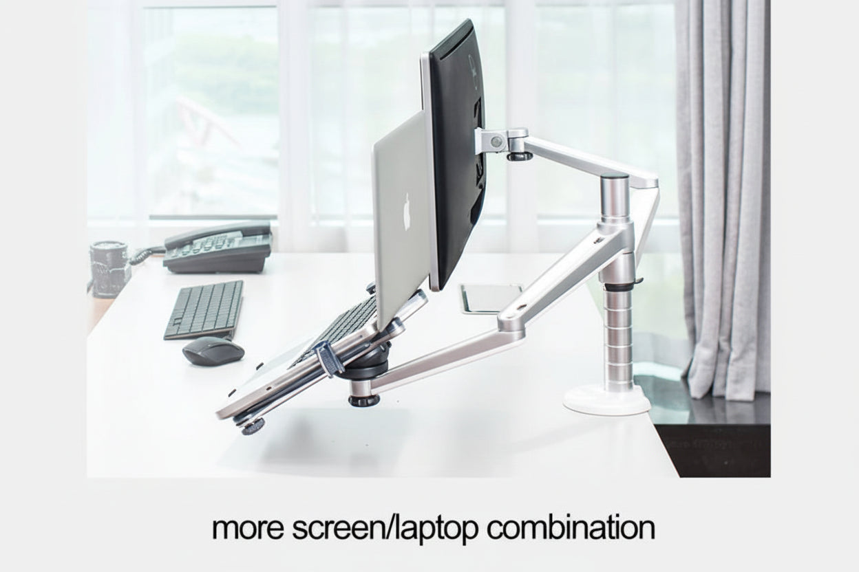 Dual monitor and laptop arm mount for ergonomic desk setup in a modern office