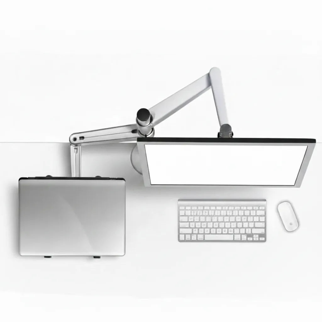 Modern office setup with computer monitor, keyboard, and mouse on a white background
