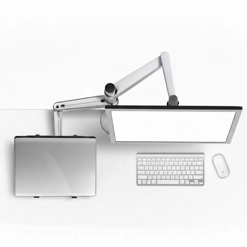 Modern office setup with computer monitor, keyboard, and mouse on a white background