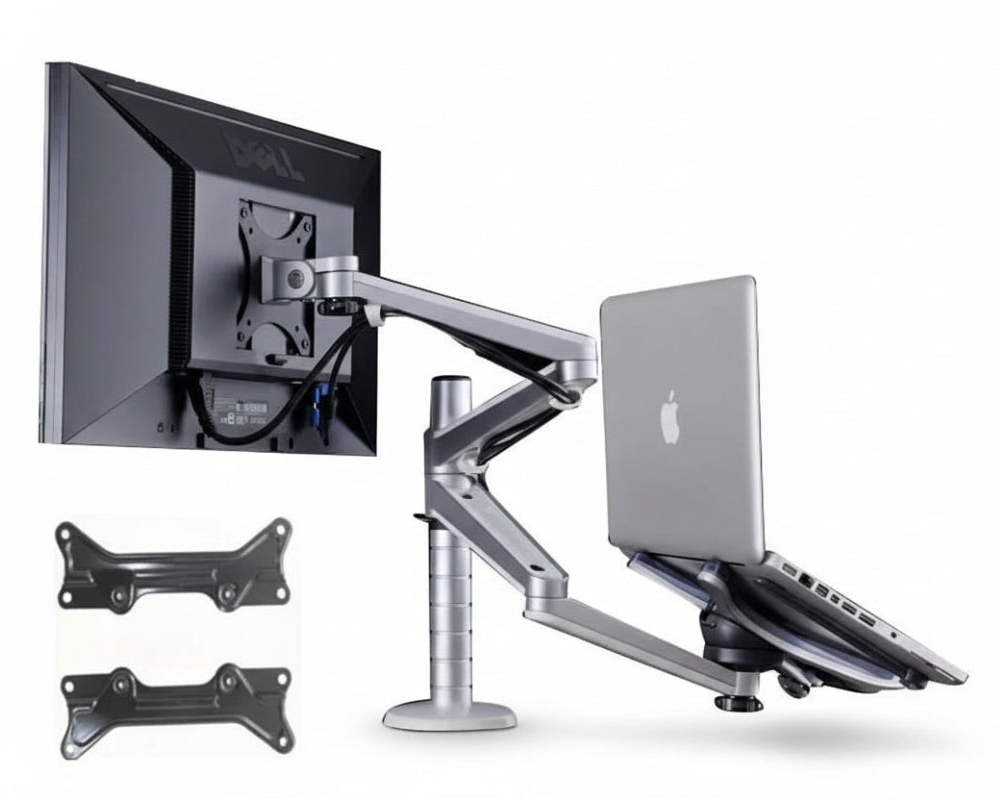 Dual monitor and laptop adjustable desk mount with VESA plates for ergonomic workspace setup