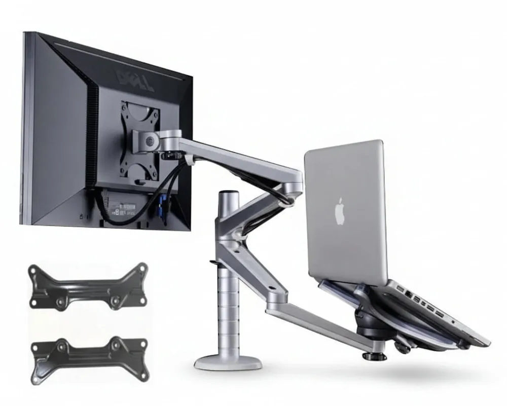 Multi-device monitor stand holding a monitor and laptop on a white background