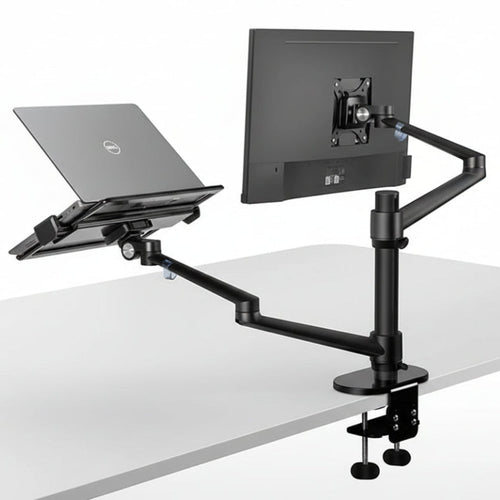 Dual monitor arm desk mount with adjustable laptop and monitor holders for ergonomic workspace