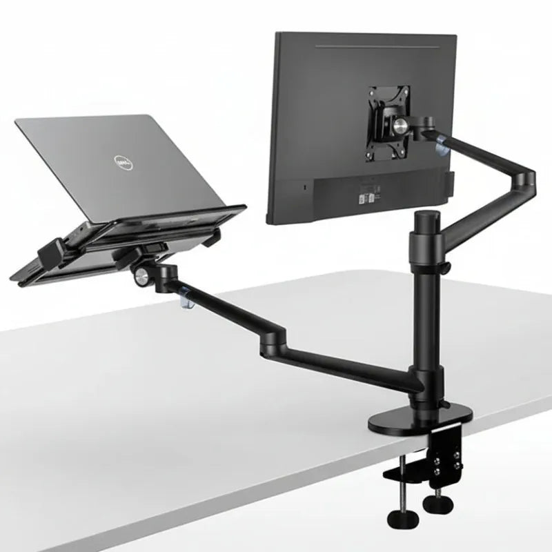 Dual monitor arm desk mount with adjustable laptop and monitor holders for ergonomic workspace