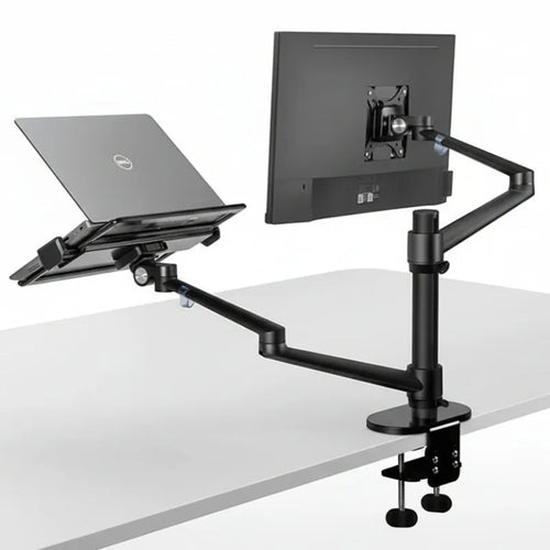 Dual monitor arm desk mount with adjustable laptop and monitor holders for ergonomic workspace
