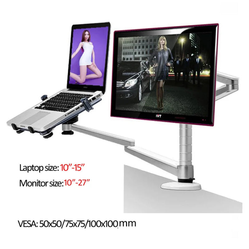 Dual monitor arm holding a laptop and monitor on a desk, adjustable ergonomic setup.