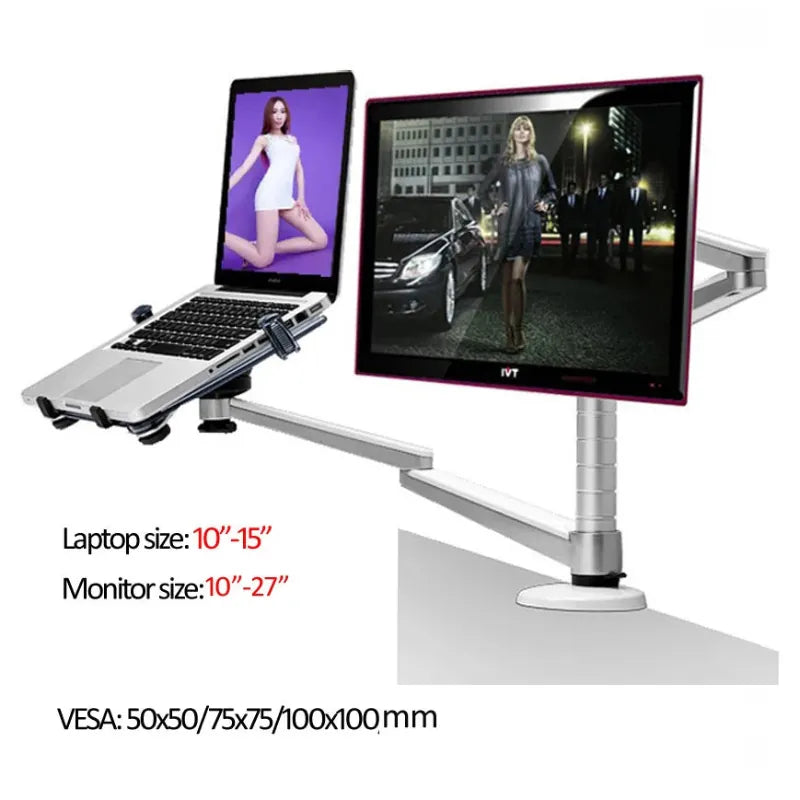 Dual monitor arm holding a laptop and monitor on a desk, adjustable ergonomic setup.