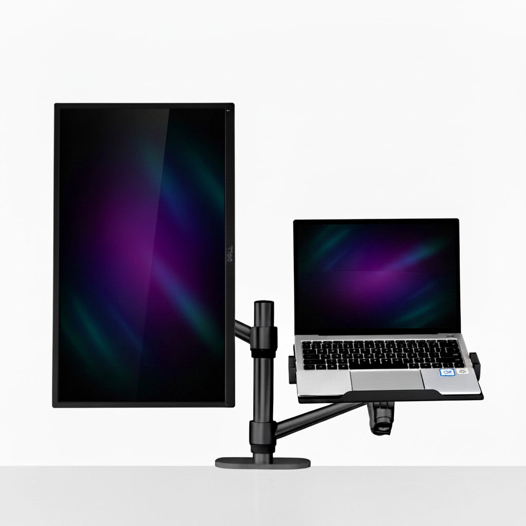 A black dual monitor arm desk stand holding a large vertical monitor and a smaller horizontal laptop screen, shown on a clean white background.