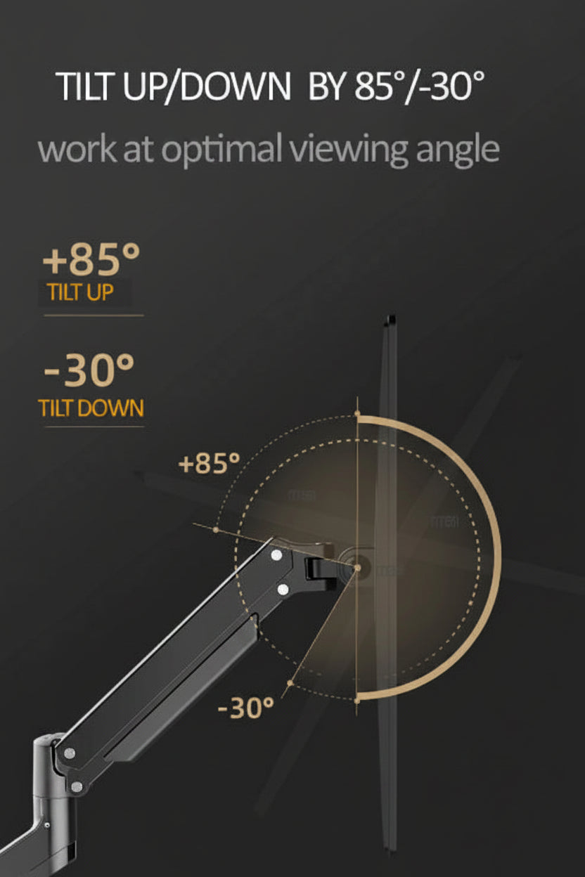 Adjustable monitor arm tilting up 85 degrees and down 30 degrees for ergonomic setup