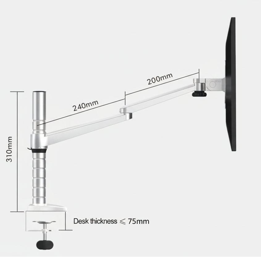 Adjustable silver monitor arm mount with measurements for ergonomic desk setup