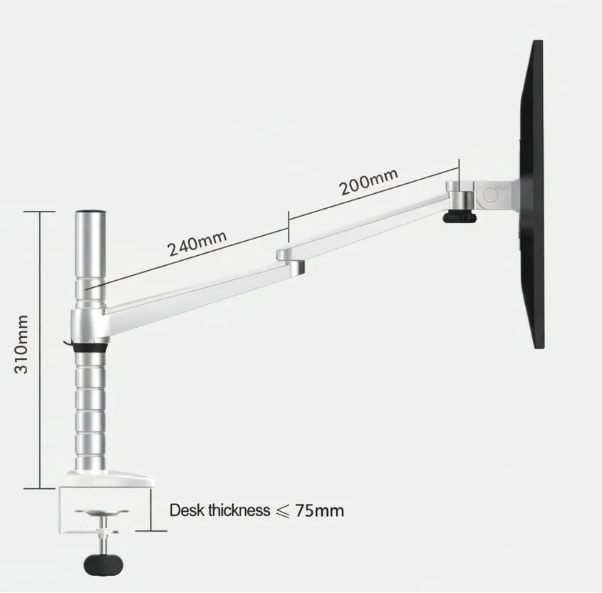 Adjustable silver monitor arm mount with measurements for ergonomic desk setup