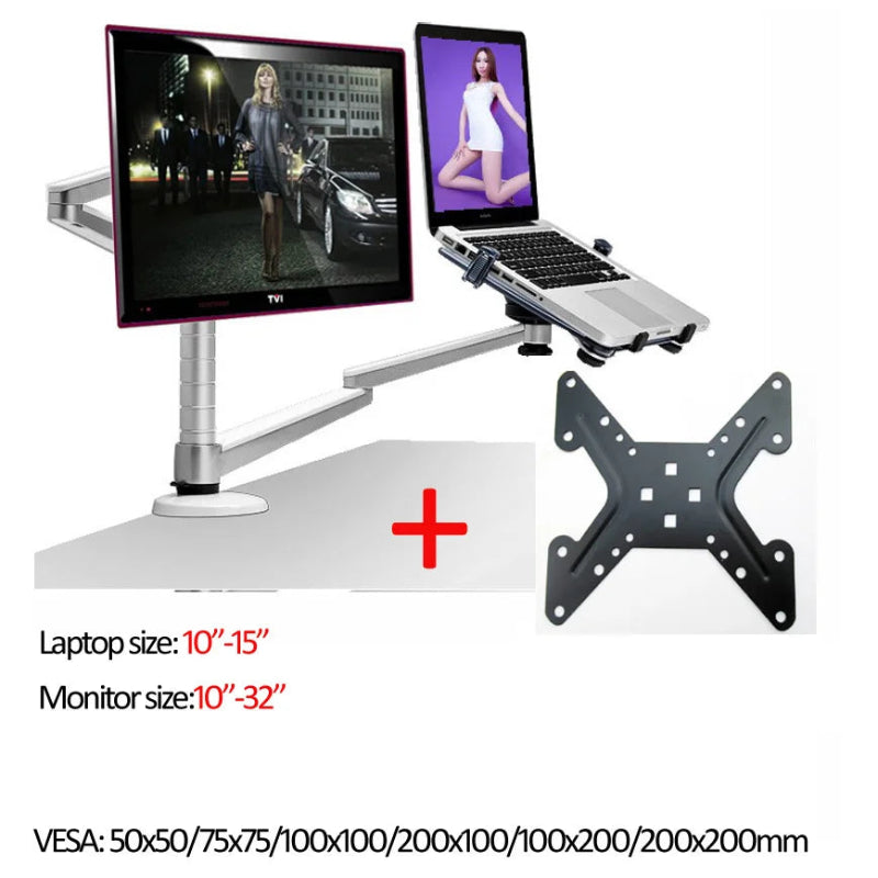 Dual monitor and laptop arm mount for ergonomic desk setup, with VESA compatibility chart.