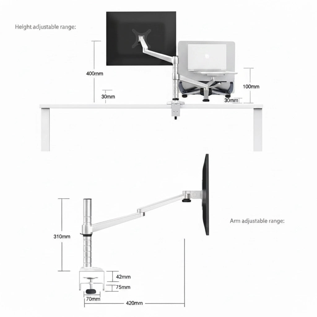 Monitor & Laptop Arm – Full Motion Desk Mount, Monitor up to 27" + Laptop Holder
