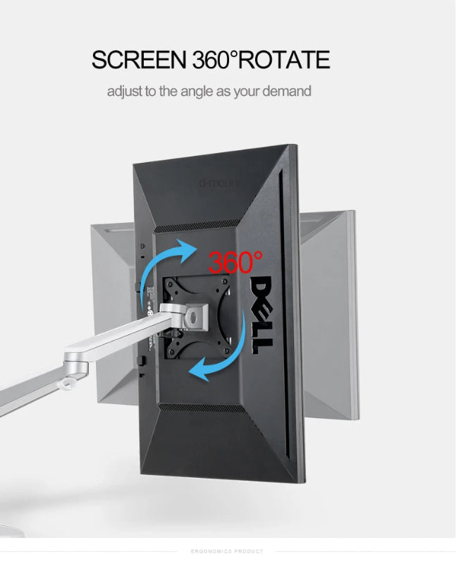 Ergonomic monitor arm with 360-degree rotating Dell screen for adjustable desk setup