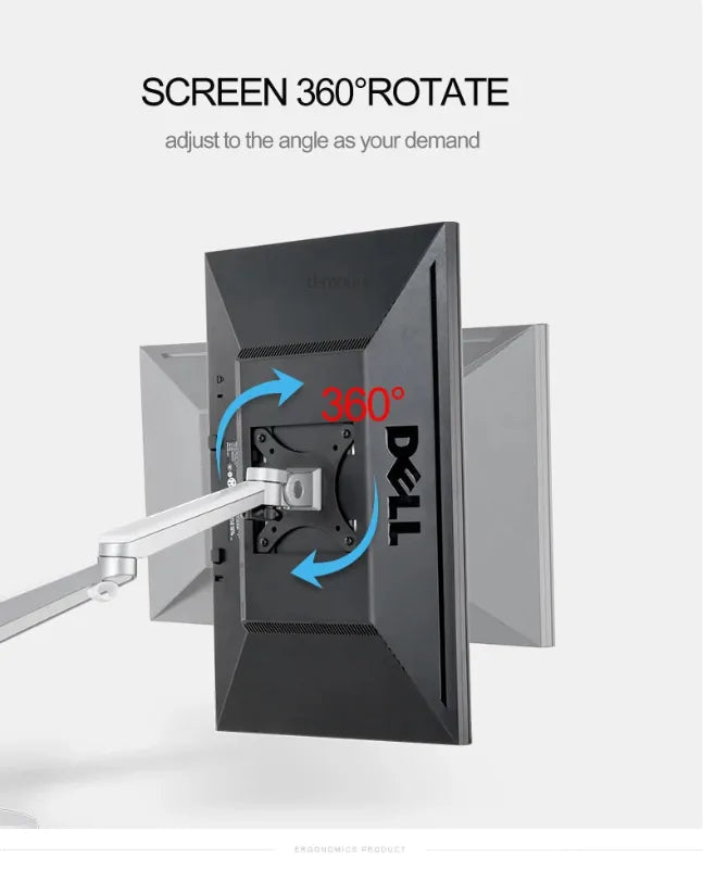Ergonomic monitor arm with 360-degree rotating Dell screen for adjustable desk setup