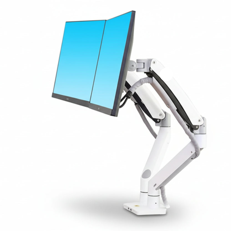 Dual monitor arm mount in white for ergonomic desk setup, supporting two flat screen monitors
