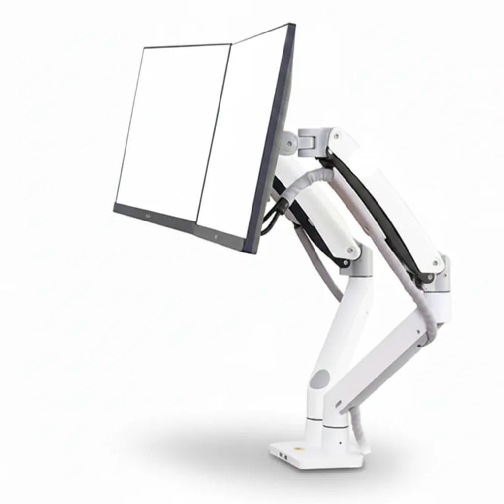 Dual monitor arm mount in white for ergonomic desk setup, supporting two flat screen monitors