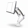 Dual monitor arm mount in white for ergonomic desk setup, supporting two flat screen monitors