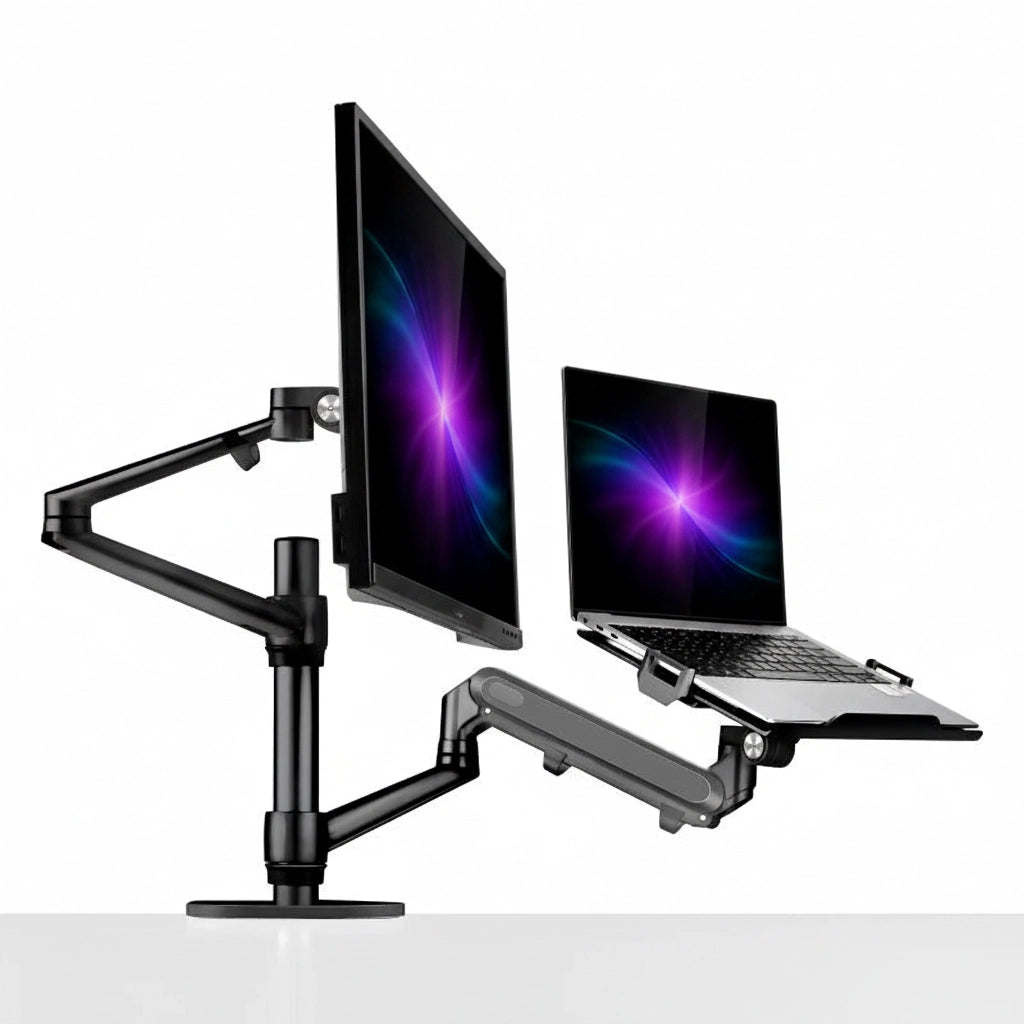 A dual monitor and laptop desk stand with black adjustable arms, shown holding a vertical monitor, a horizontal laptop tray, and a second monitor on a clean white background.