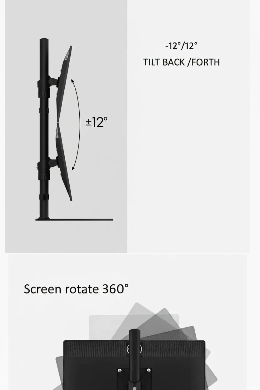 Monitor with adjustable stand showing tilt, back/forth, and screen rotation features on a white background.