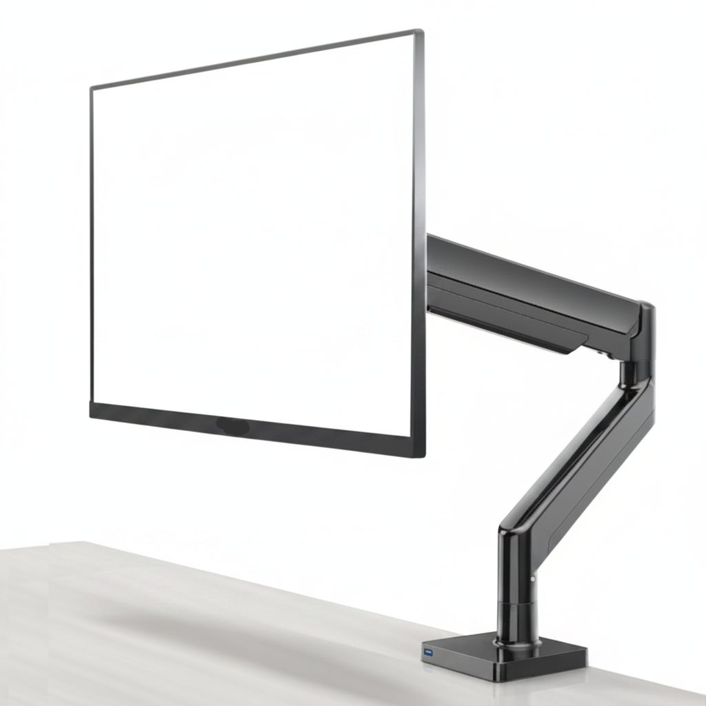 Adjustable black monitor arm supporting a Dell screen on a modern office desk
