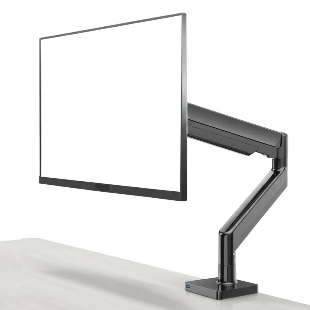 Black adjustable monitor stand on a white background