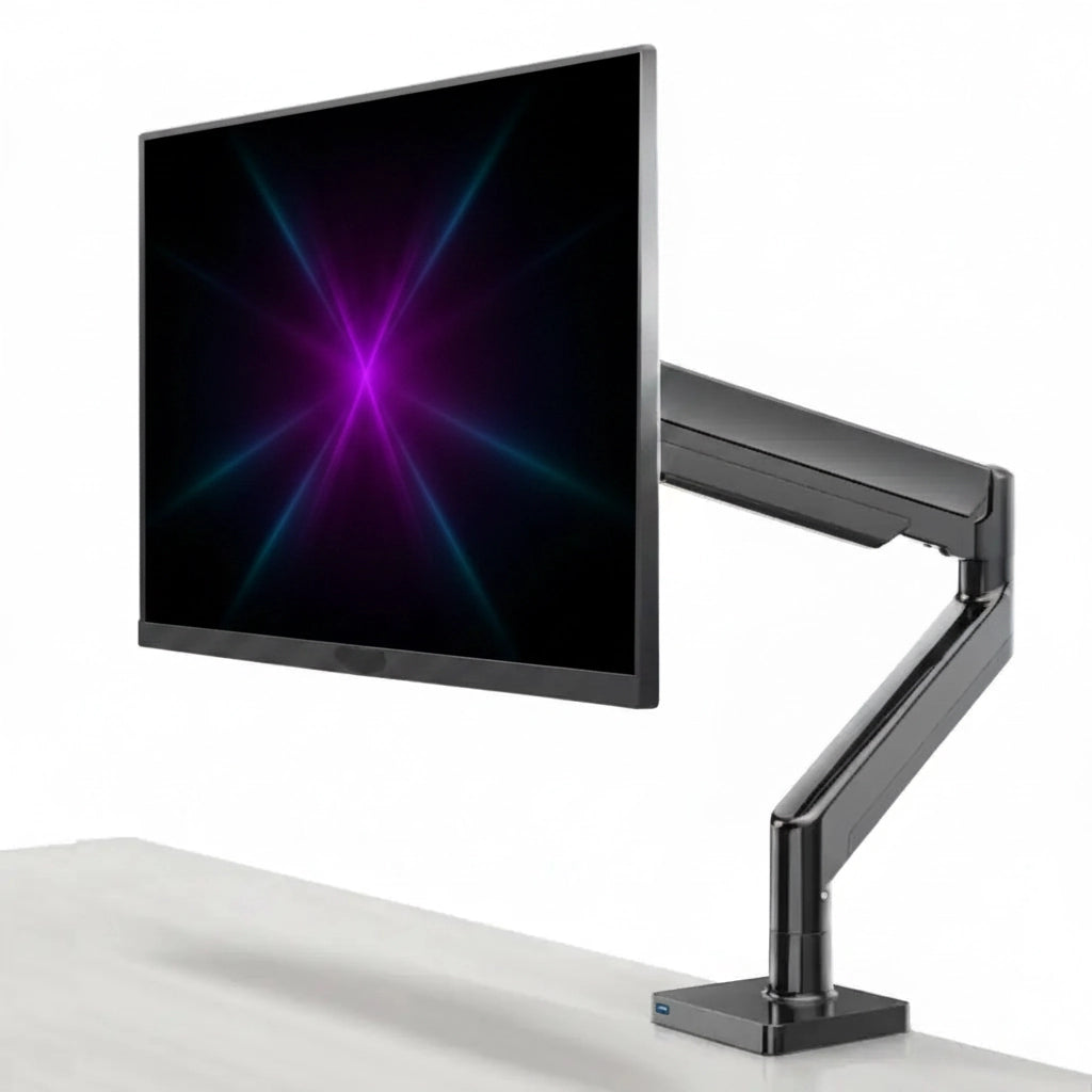 A black adjustable dual monitor arm holding a widescreen monitor with a black display showing a purple and blue starburst graphic, mounted on a white desk against a white background.