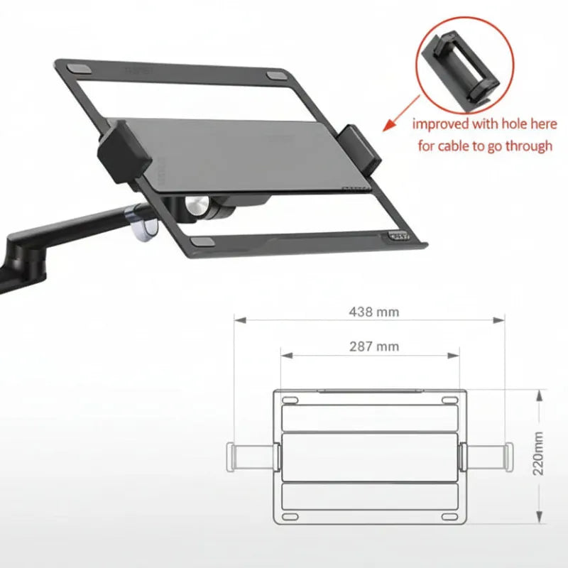 Adjustable ergonomic laptop mount with cable management slot and dimension diagram