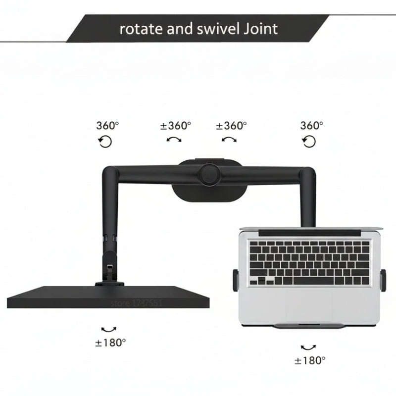 Ergonomic laptop mount arm with 360-degree rotation and swivel joints for adjustable desk setup