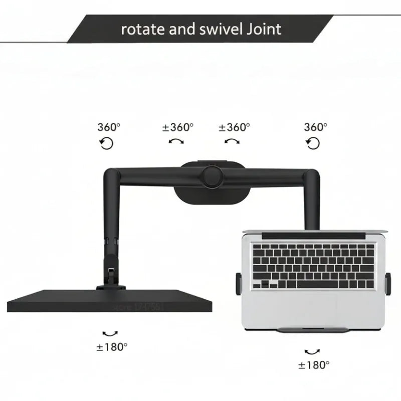 Ergonomic laptop mount arm with 360-degree rotation and swivel joints for adjustable desk setup
