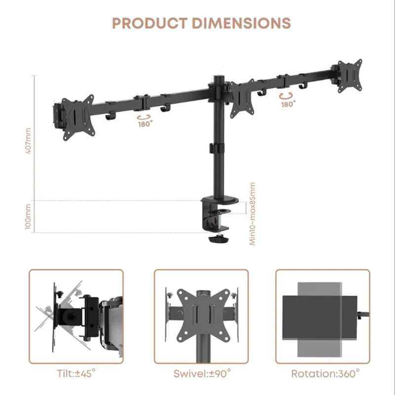 Triple monitor arm desk mount with adjustable tilt, swivel, and rotation features