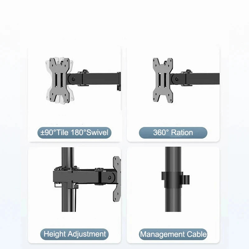 Ergonomic monitor arm features including tilt, swivel, 360° rotation, height adjustment, cable management.