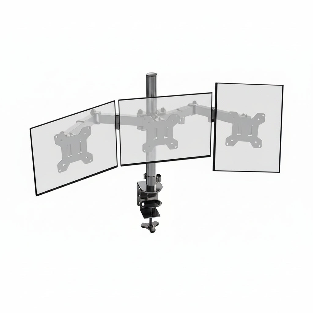 Monitor stand with dimensions labeled for a triple monitor setup on a white background.