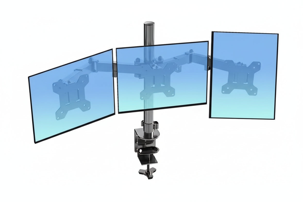 Monitor stand with dimensions labeled for a triple monitor setup on a white background.