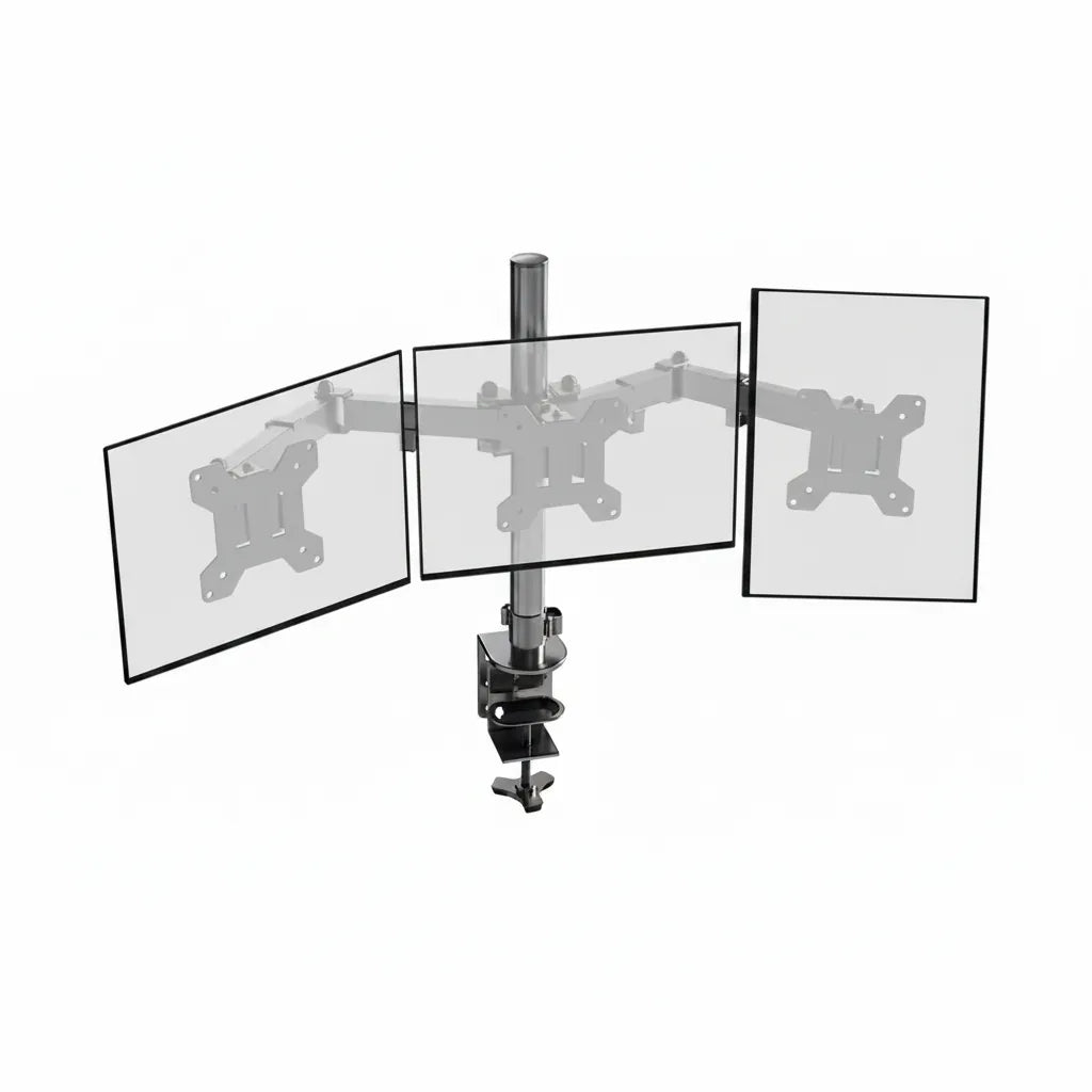 Triple monitor stand with screens on a white background
